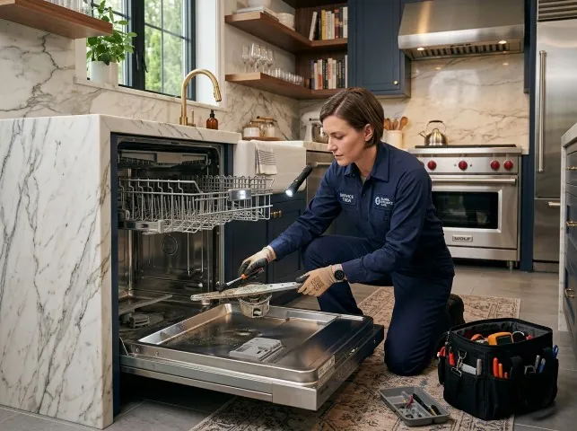 Appliance Repair Hero technician servicing a built-in dishwasher in a Arkadelphia, AR kitchen