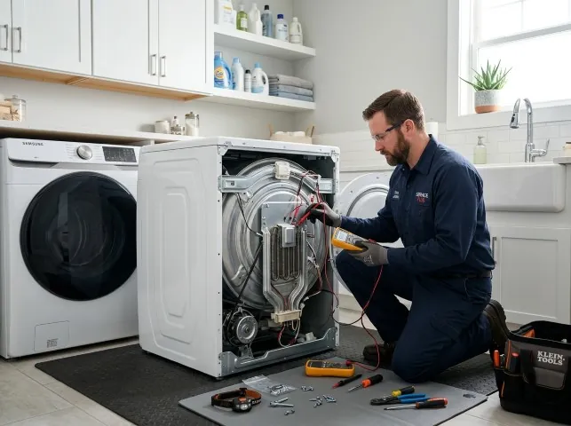 Appliance Repair Hero technician checking a dryer heating element with the rear panel off in Arkadelphia, AR