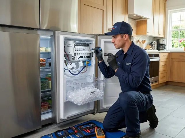 Appliance Repair Hero technician repairing a refrigerator ice maker in Arkadelphia, AR