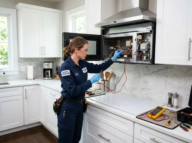 Appliance Repair Hero technician testing an over-the-range microwave in a Arkadelphia, AR kitchen