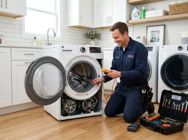 Appliance Repair Hero technician testing a front-load washer with a multimeter on a Arkadelphia, AR service call